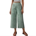 thumbnail image 2 of Linen Wide Leg Capris Pants for Women Women's Striped Linen Capris Straight Leg Elastic Waisted Dress Casual Cropped Trousers for Work Travel Green S, 2 of 9