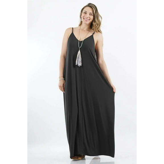 PLUS SIZE Side-pocket Maxi Dress w/ adjustable strap (Black, 1X)