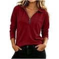 thumbnail image 3 of Half-Zip Sweatshirt for Women Zaewscy Women Lapel Collar Solid Color Zipper Pocket Top Pullover Coat Sweatshirt Wine M, 3 of 7