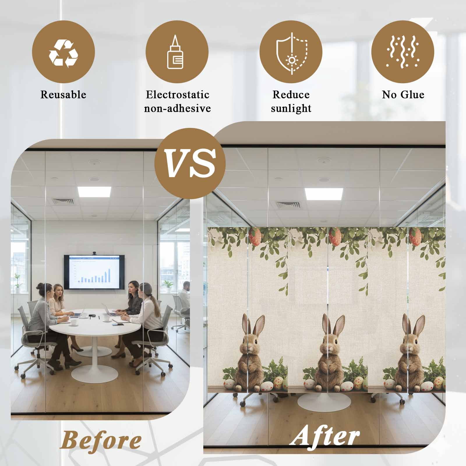 Easter Bunny Window Privacy Film, Eggs Basket Frosted Glass Window Clings Static Cling UV Heat Blocking Reusable Door Sticker for Bathroom 23.6 x 59 Inch