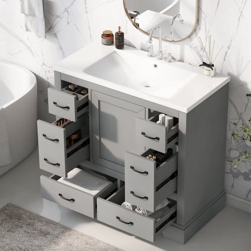 36-inch Bathroom Vanity with Sink, Modern Vanity with 6 Drawers & Adjustable Shelf, Freestanding Storage Cabinet with Drawer Divider, Grey