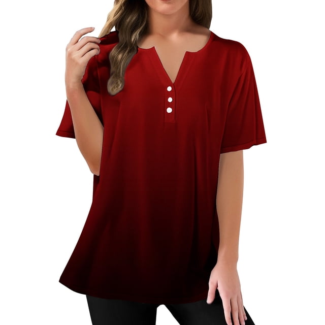 T-Shirts Femmes Plus Mode Décontractée Imprimé Floral Boutonné Manches Courtes T-Shirt - Hontri