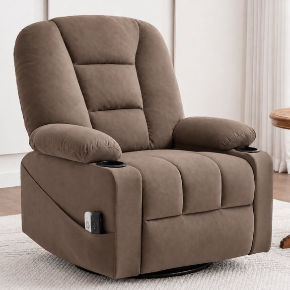 Ketaiyou Power Swivel Rocker Recliner Chair with Massage, USB and Type-C Port, Large Electric Fabric Rocking Reclining Sofa Chair for Living Room (Brown)
