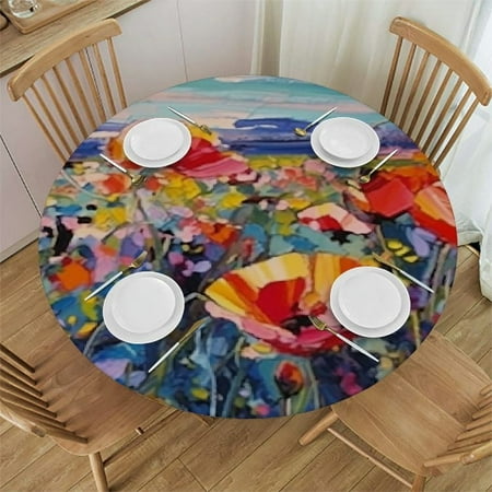 

Xllo0ord Fitted Round Tablecloth Poppy Painting red flower field blue sky floral landscape Table cover Elastic Edged Table Cloth Fits Round Tables 38 -42