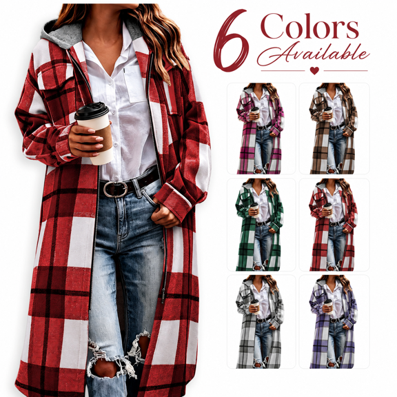 HappyYEE Women’s Plaid Long Jackets, Fall Flannel Full Zip Hooded Tunic Outerwear, Loose Long Sleeve Tunic Sweatshirt with Pockets