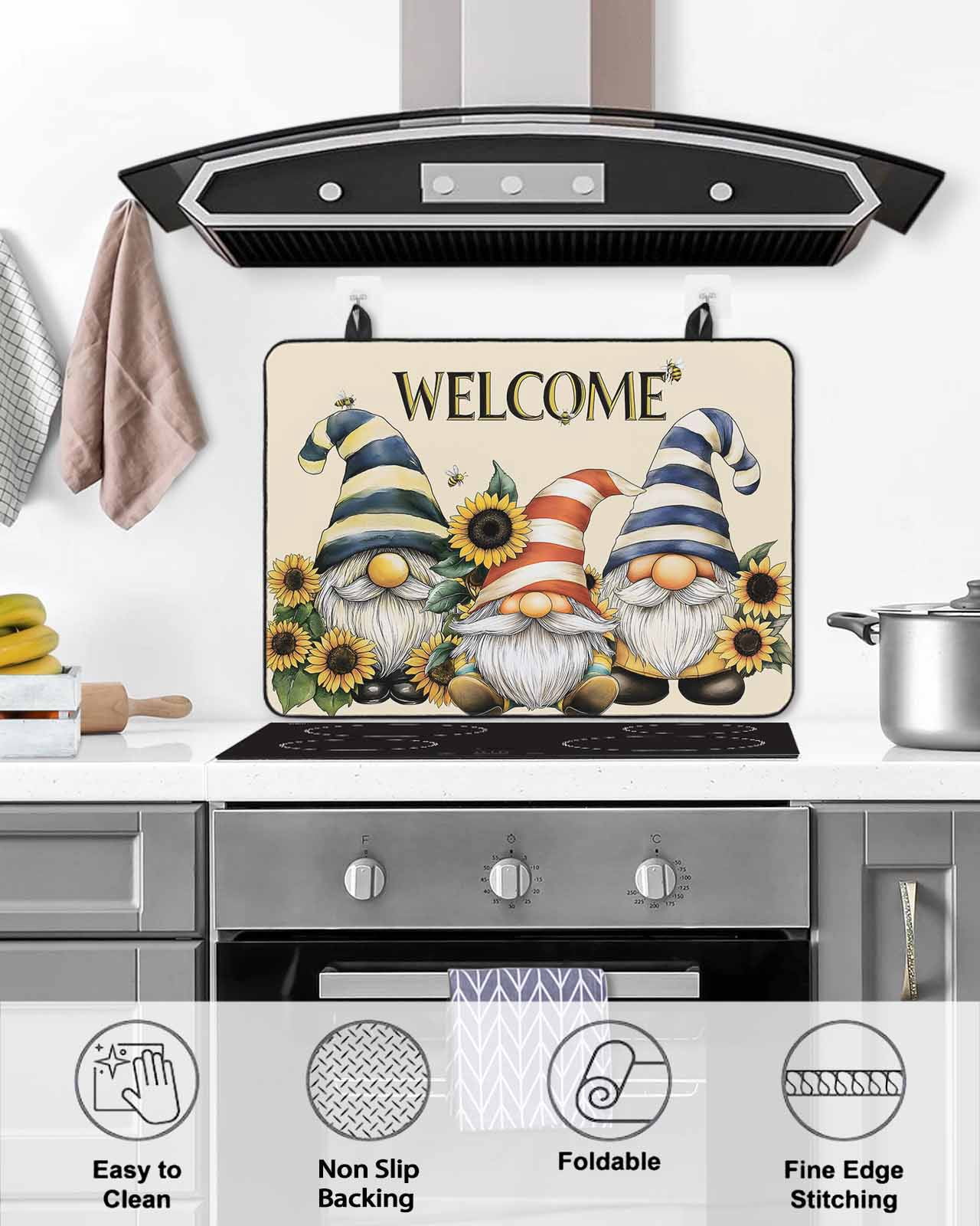 nqOlkjepod Large Induction Cooktop Protector Mat 24"x21", Sunflower Gnomes Stove Top Covers for Electric Stove, Yellow Summer Botanical Striped Bee Vintage Stove Burner Cover Mats Stove Cover