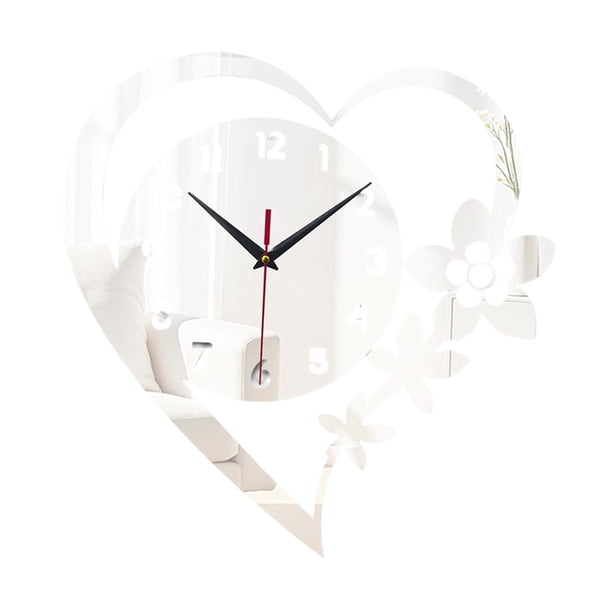 Reloj de pared con forma de corazón, decoración de pared, reloj decorativo de acrílico para dormitorio y hogar. Plata