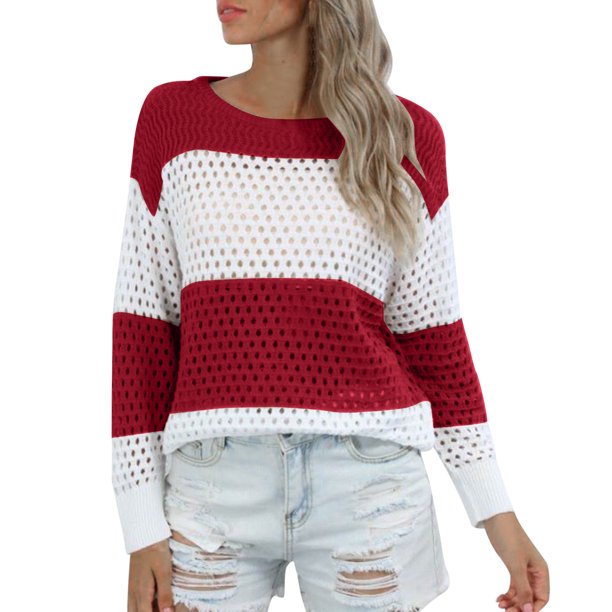 Sudadera con estampado de Navidad para mujer Suéter con recorte cuello redondo Manga larga Rayas Colorblock Gibobby M