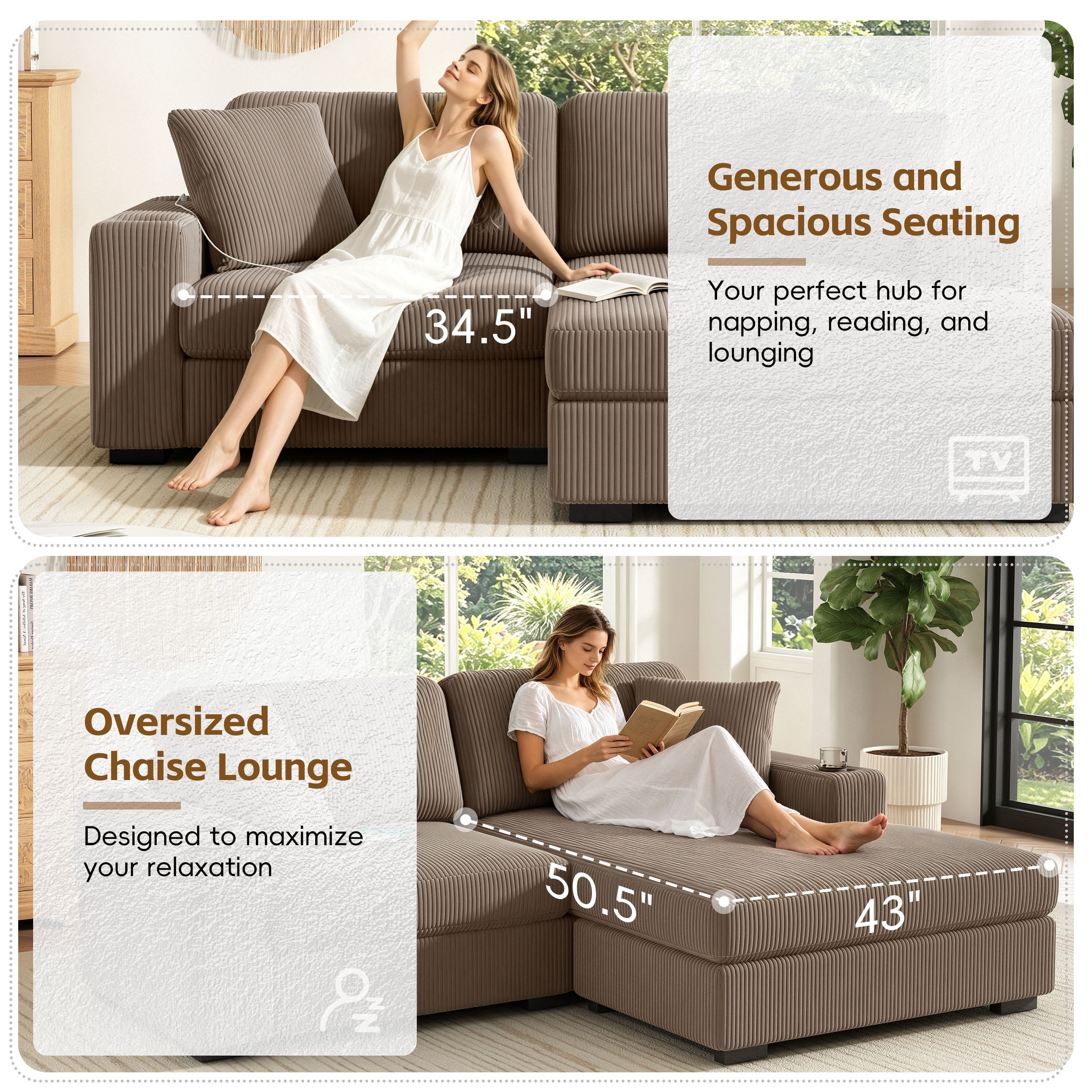 GARITIN L Shaped Sectional Sofa 86.5 Inch, Corduroy Upholstered Couch with Cup Holders and Charging Ports for Living Room, Khaki