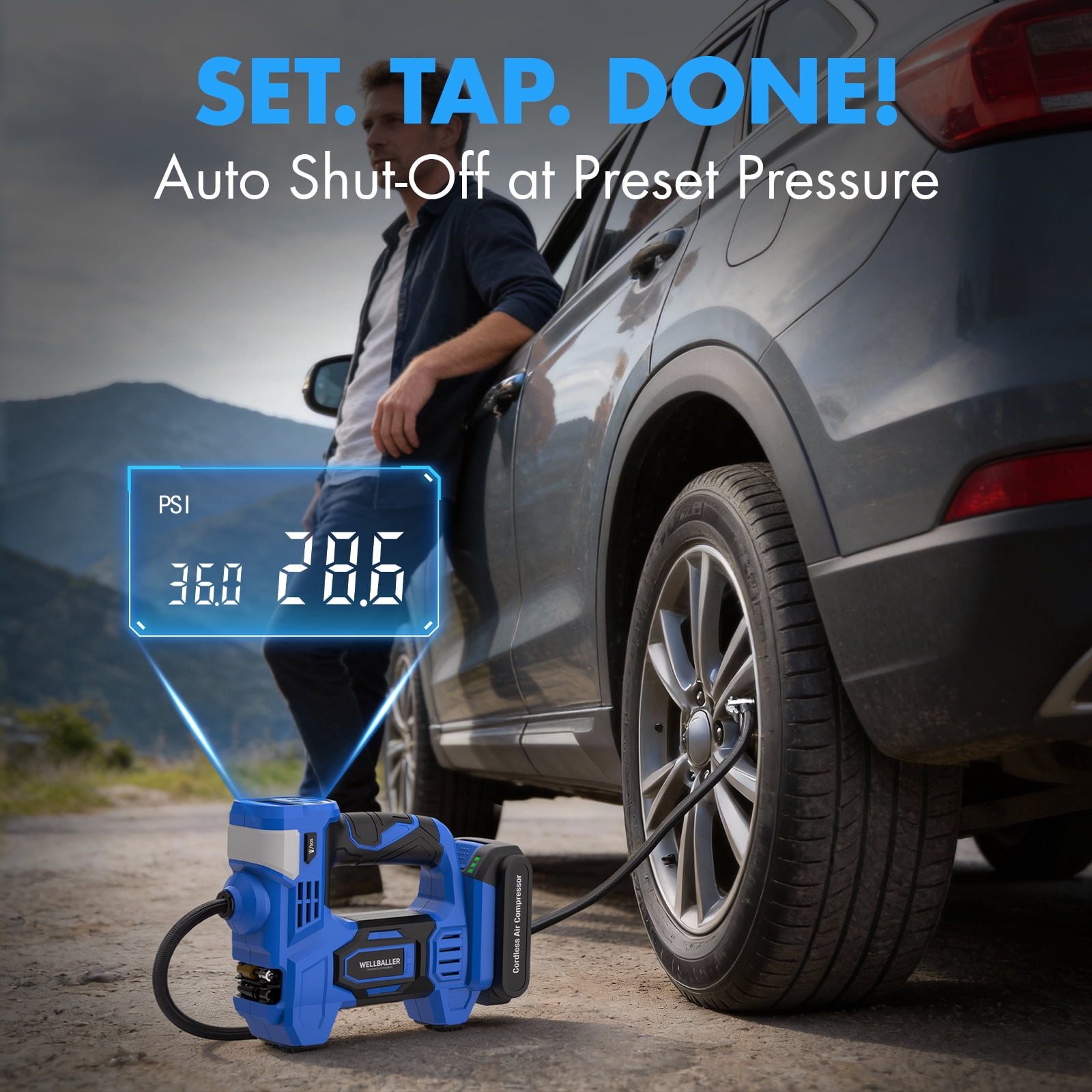 20V Cordless Portable Tire Inflator, 150PSI, 25mm Metal Cylinder with LCD Display & LED Light