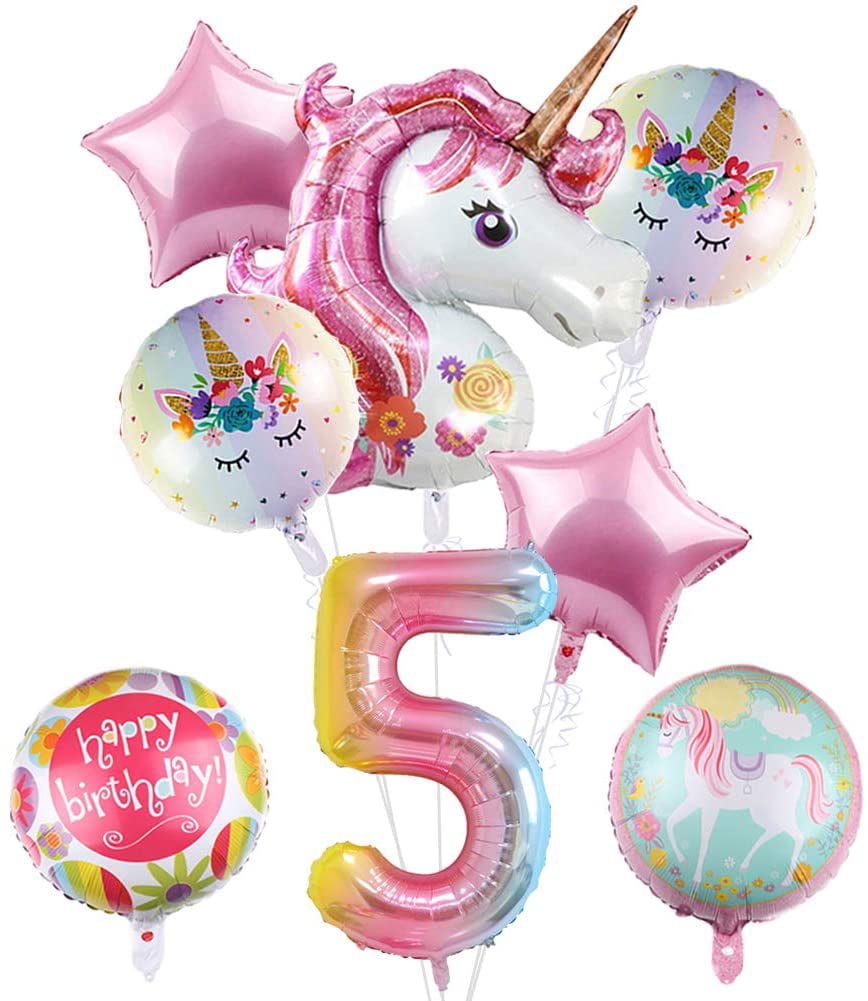 14Pcs Unicorn Balloons 5th Birthday Decorations for Girls 43 Foil Balloons Bouquet Party Supplies Balloon Baby Shower Home Office Backdrop Decor Number 5 Pink 