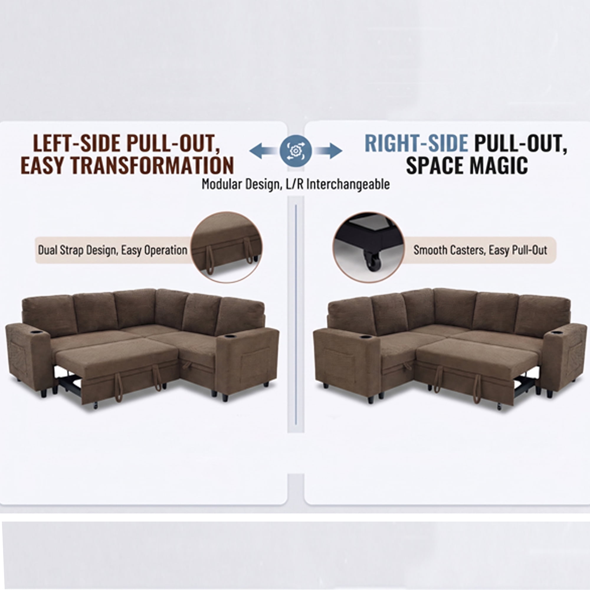 Leumius 76.5" Sectional Sleeper Sofa with Pull Out Bed,Storage Seat & Cup Holders,L-Shape Modern Upholstered Sofa Couch Convertible Corner Couch for Living Room,