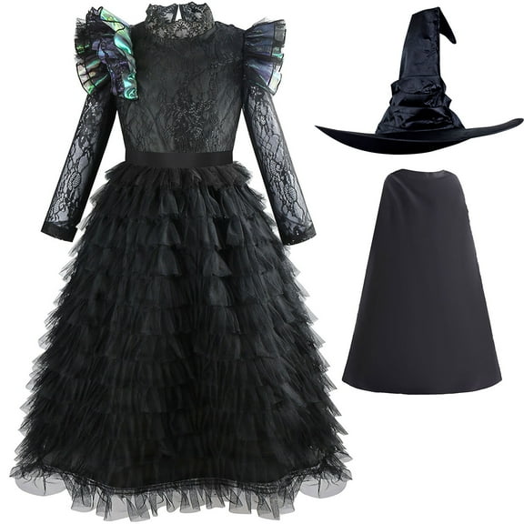Elphaba Costume for Girls Female Halloween Witch of Dresses with Cape&Hat, Size 4-5