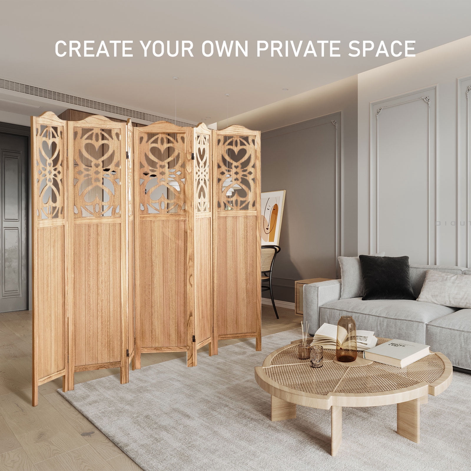 Aletheiawu 6 Panel Wood Carved Room Divider and Folding Screen, No Installation, Light Brown