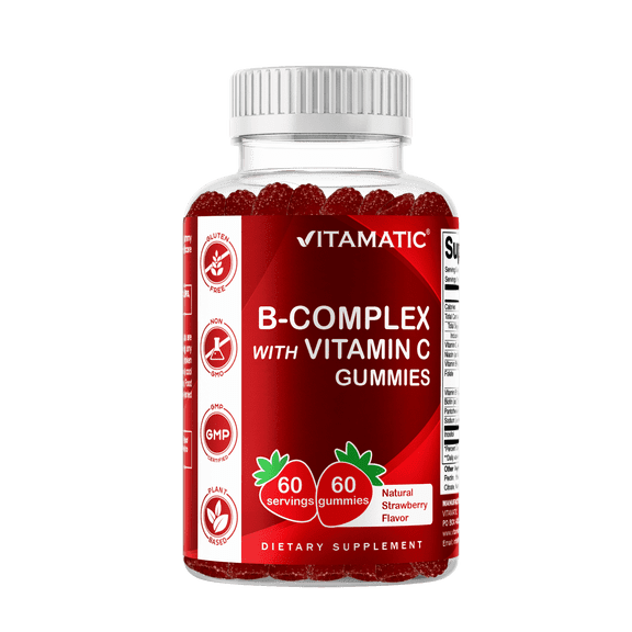 Vitamatic Vitamin B Complex Gummies with Vitamin C & Inositol - Natural Strawberry Flavor - 60 Gummies