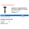 thumbnail image 2 of Ignition Coil - Compatible with 2007 - 2010 Chrysler Sebring 2.4L 4-Cylinder 2008 2009, 2 of 2