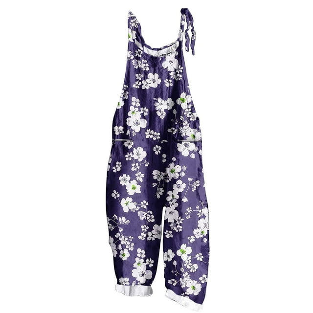yoeyez Rompers for Women Summer,Ladies Print Summer Plus Size Long Jumpsuits Sleeveless Adjustable Straps Backless Overalls Jumpsuits With Pockets Purple,5XL