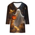 thumbnail image 3 of Women's Cute Ghost Print Blouses 3/4 Sleeve V Neck Halloween Tops Lantern Graphic Fall Shirts Casual Loose Fit Pullovers for ing Events, 3 of 5