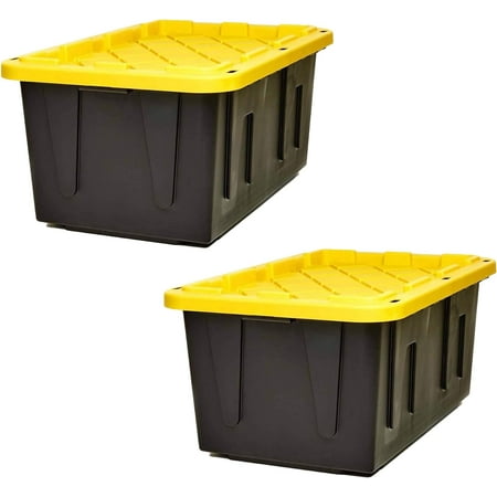 27 Gallon Stackable Home Storage Container Bins Heavy Duty Opaque Base Organization Totes with Snap On Lid, 2 Pack, Black and Yellow