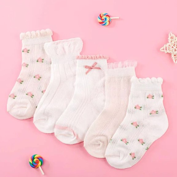 Girls Socks 5 Pairs/Lot Spring Summer Cotton Infant Children Socks Cute Flowers Pattern For Kids Baby 01 M 3-5Years