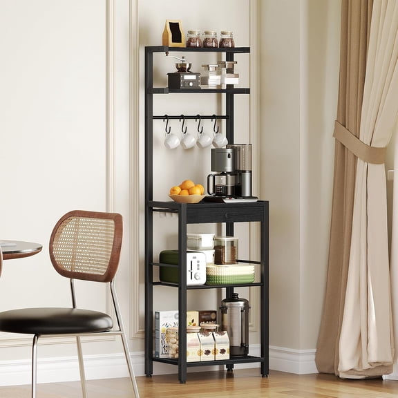 Bakers Rack, 5-Tier Coffee Bar Station, Coffee Stand with Pod Drawer Holder, Versatile Kitchen Storage Rack with 4 Hooks, for Living Room, Cafe Corner, Black KF01BB