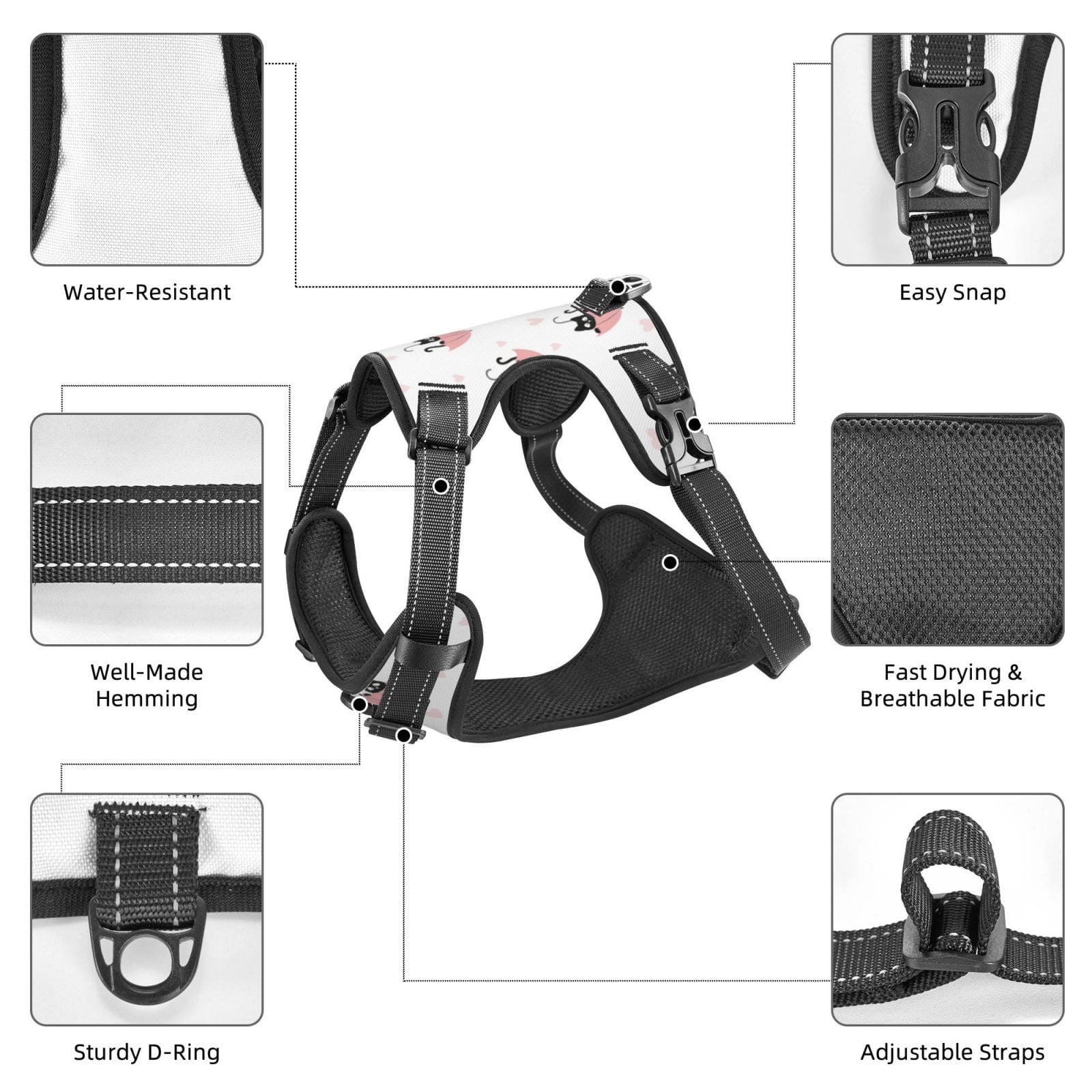 Vsdgher Umbrella Cat Pattern Dog Harness,No Pull Pet Harness with Soft Padded Handle,Adjustable Reflective Vest with 2 Buckles,4 Slide Buckles,S-XL Large