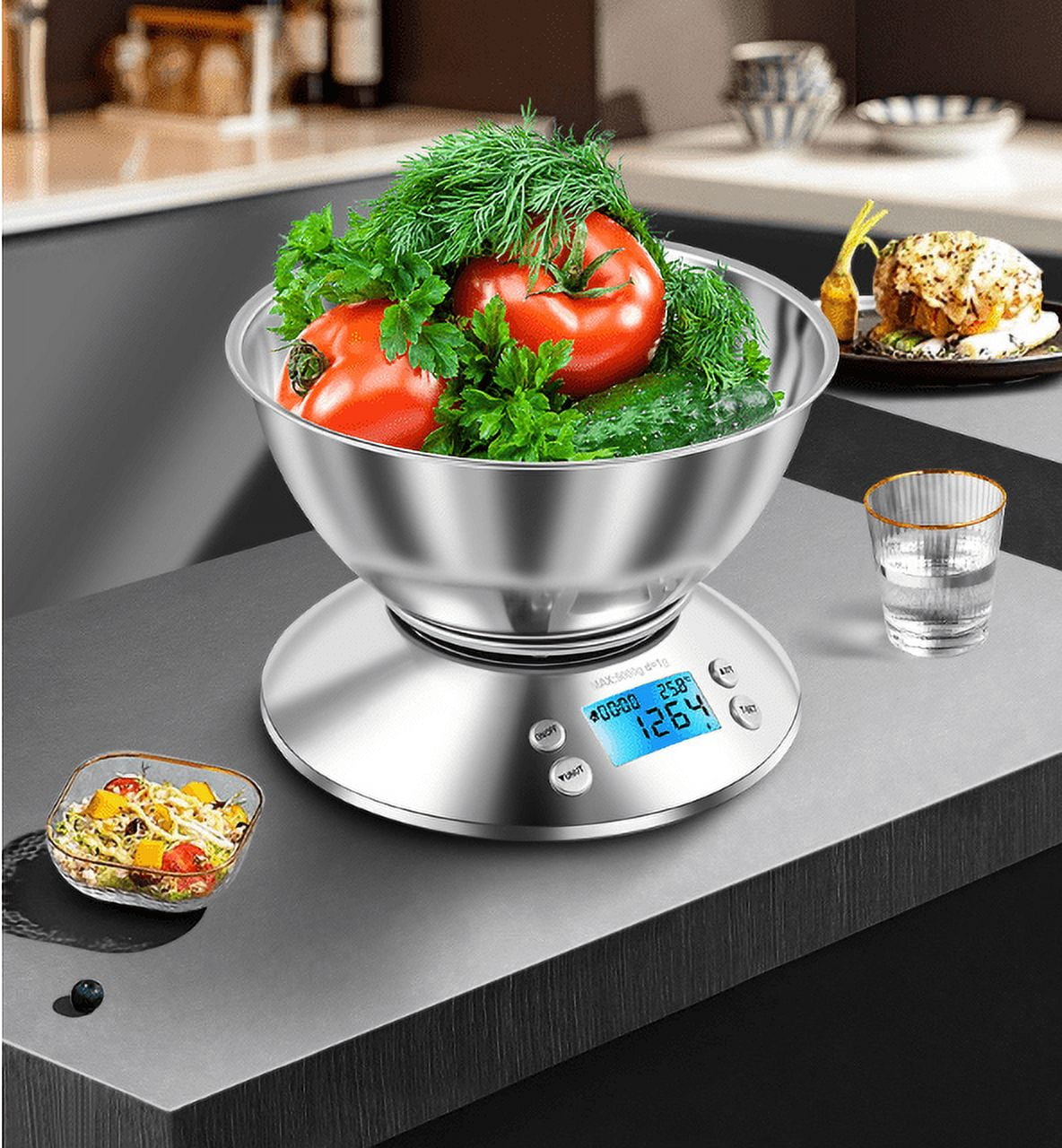 Household Stainless Steel Kitchen Scale with Bowl and Timer Electronic Scale Full Metal Baking Scale Multi-function Food Scale 0.1g-3kg