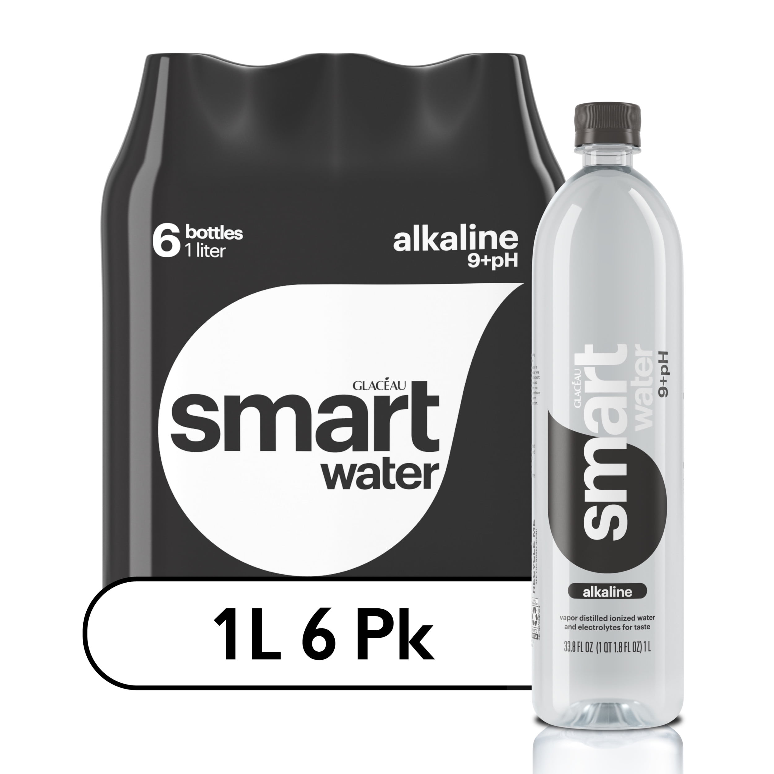 smartwater alkaline water, premium vapor distilled enhanced water bottles, 33.8 fl oz, 6 pack