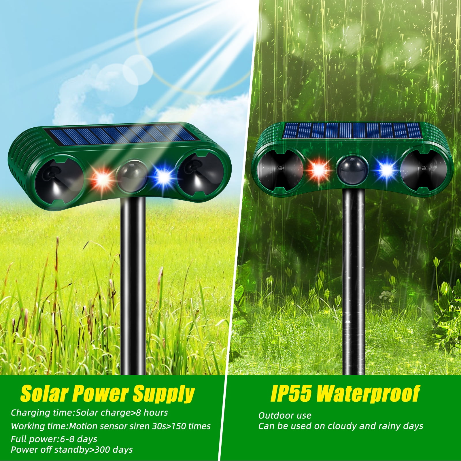 Onemayship Solar Pest Repeller with Motion Sensor: this innovative pest repeller is equipped with a PIR sensor and alternating red/blue flashing lights to repel cats, dogs, deer，protect yards