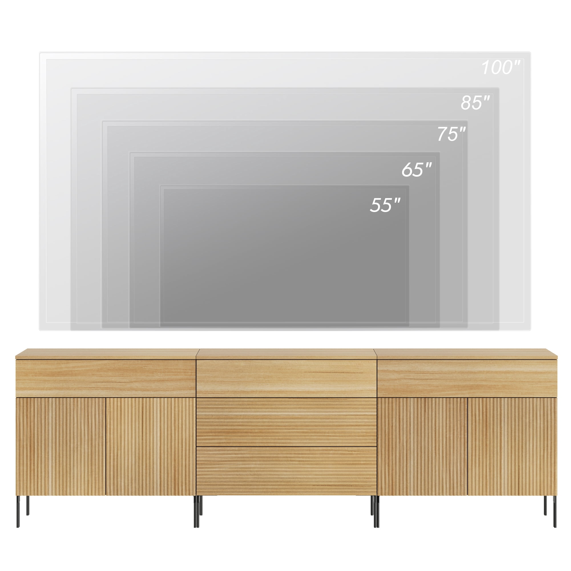 WAMPAT 94.5" TV Stand for TVs up to 100 Inch, Fluted Wood Media Console with 5 Drawers and 4 Doors, Push-to-Open Entertainment Center with Adjustable Shelves