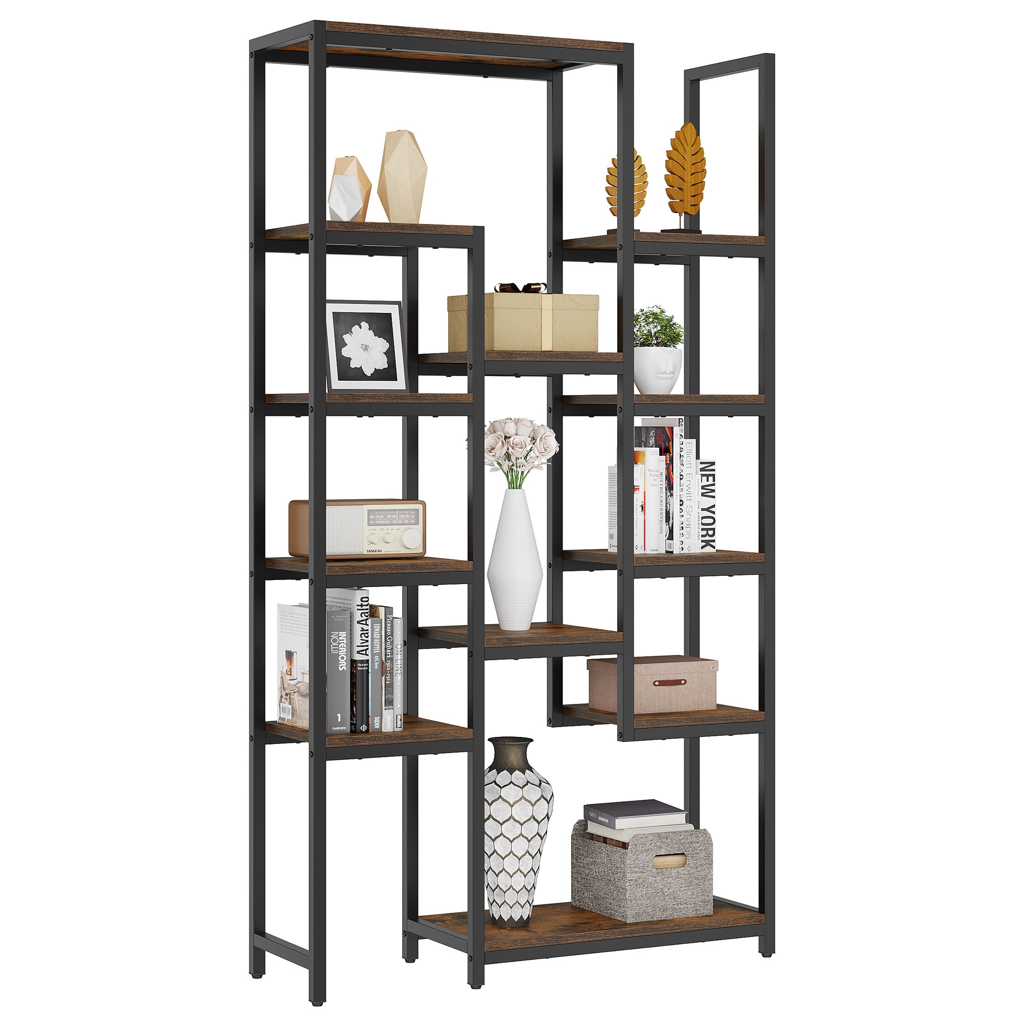 Dextrus 6 Tier Bookshelf, Tall Modern Free Standing Bookcase with 12 Shelf, Open Display Shelf Storage Book for Office Home, Black & Brown
