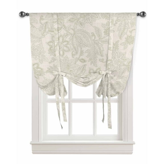 Vintage Sage Green Flower Tie Up Curtains for Window, Modern Ethnic Botanical Thermal Insulted Balloon Shade Adjustable Rod Pocket Curtains Valance Panels for Kitchen Bathroom Café 52 x 45