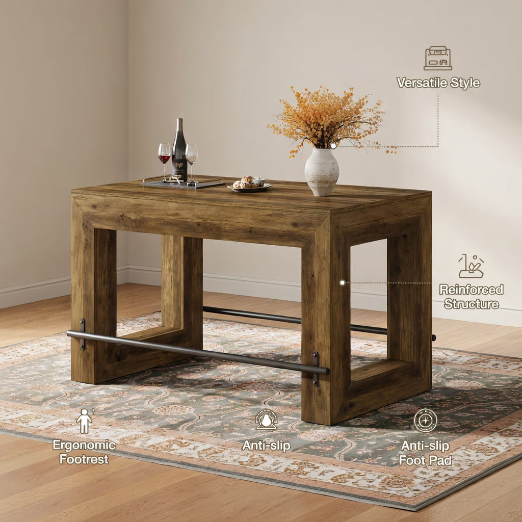 Hommoo 59 Inch Counter Height Bar Table with Metal Footrest, Modern Rectangular Pub Table for Dining Room, Kitchen Island, or Home Bar, Brown