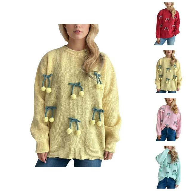 Chandails pour Femmes 2025 Hiver Chandail à Col Rond Chandail 3D Cerise Graphique Décontracté Confortable Hauts