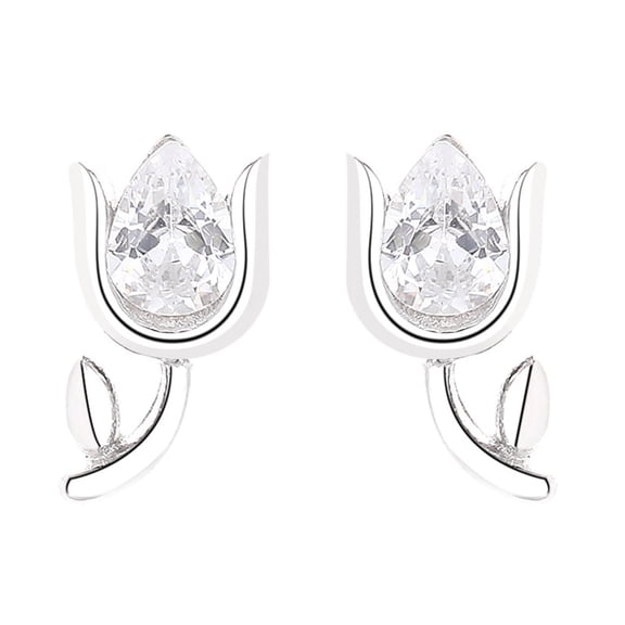 Cute Tulip Flower Stud Earrings for Women 925 Sterling Silver Teardrop Crystal Floral Cartilage Tiny Small Studs Earring