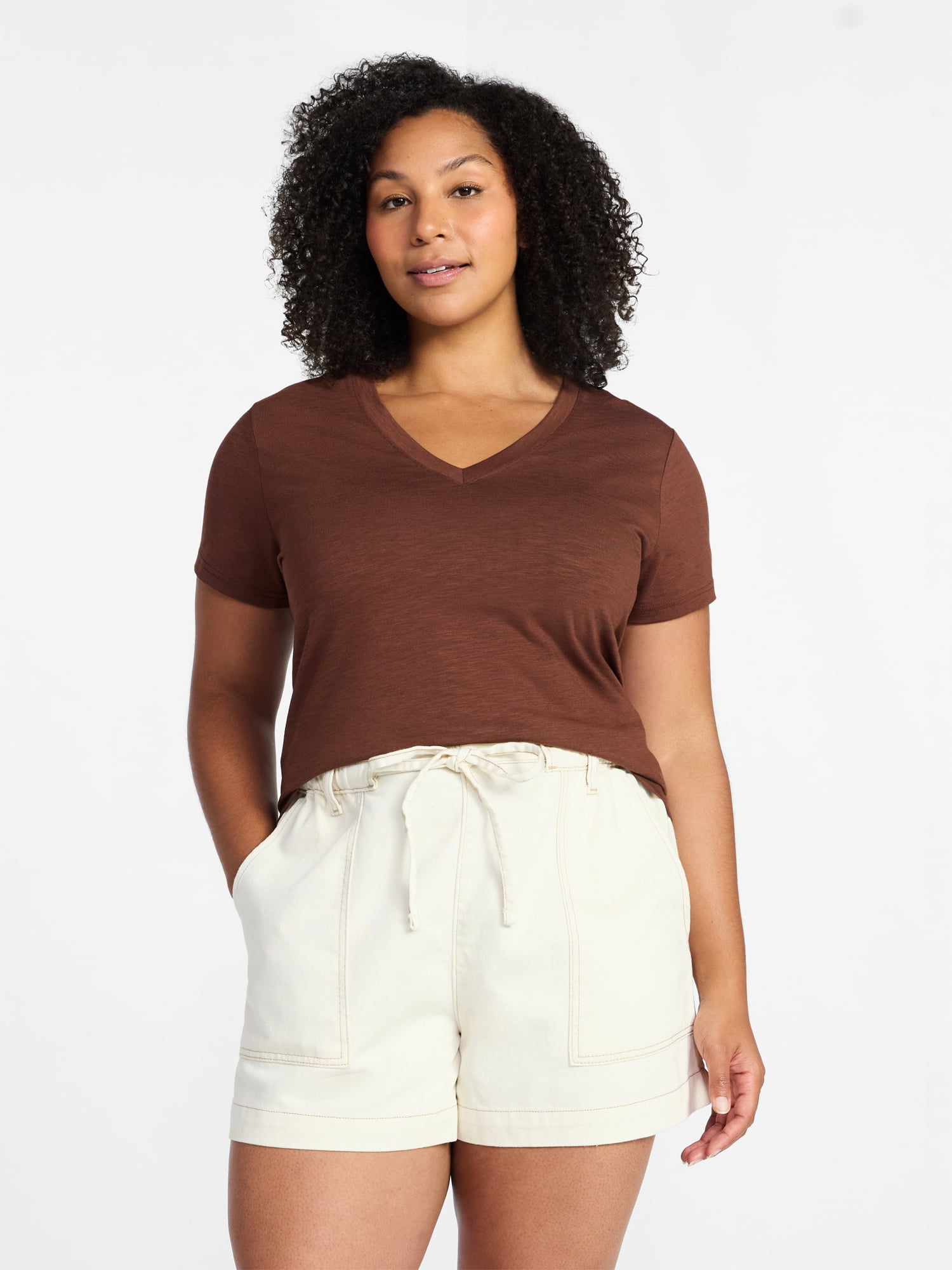 Time and Tru Women's Slub V Neck Tee with Short Sleeves, Sizes XS-XXXL