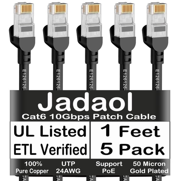 Cable Ethernet Jadaol Cat6 de 1 pie, 5 unidades, 10 Gbps, RJ45 Cat6a, negro