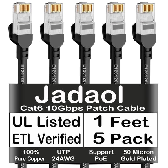 Cable Ethernet Jadaol Cat6 de 1 pie, 5 unidades, 10 Gbps, RJ45 Cat6a, negro