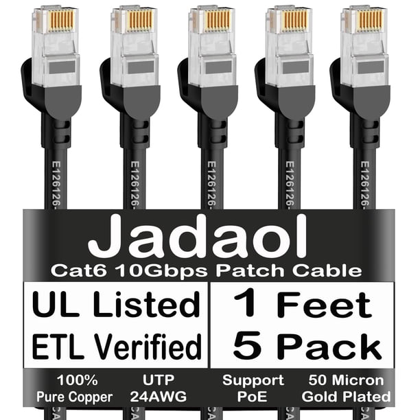 Cable Ethernet Jadaol Cat6 de 1 pie, 5 unidades, 10 Gbps, RJ45 Cat6a, negro