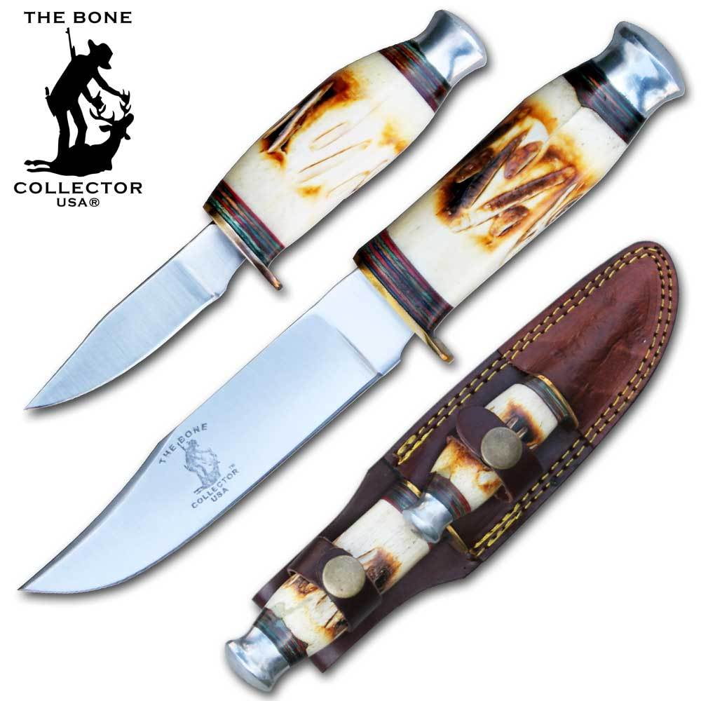 Hunting Knife Bone Collector 2Pc. FixedBlade Skinner Set + Leather