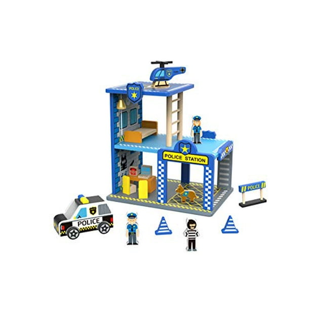 TOYSTERS My Big Police Station Wooden Emergency Vehicle Playset