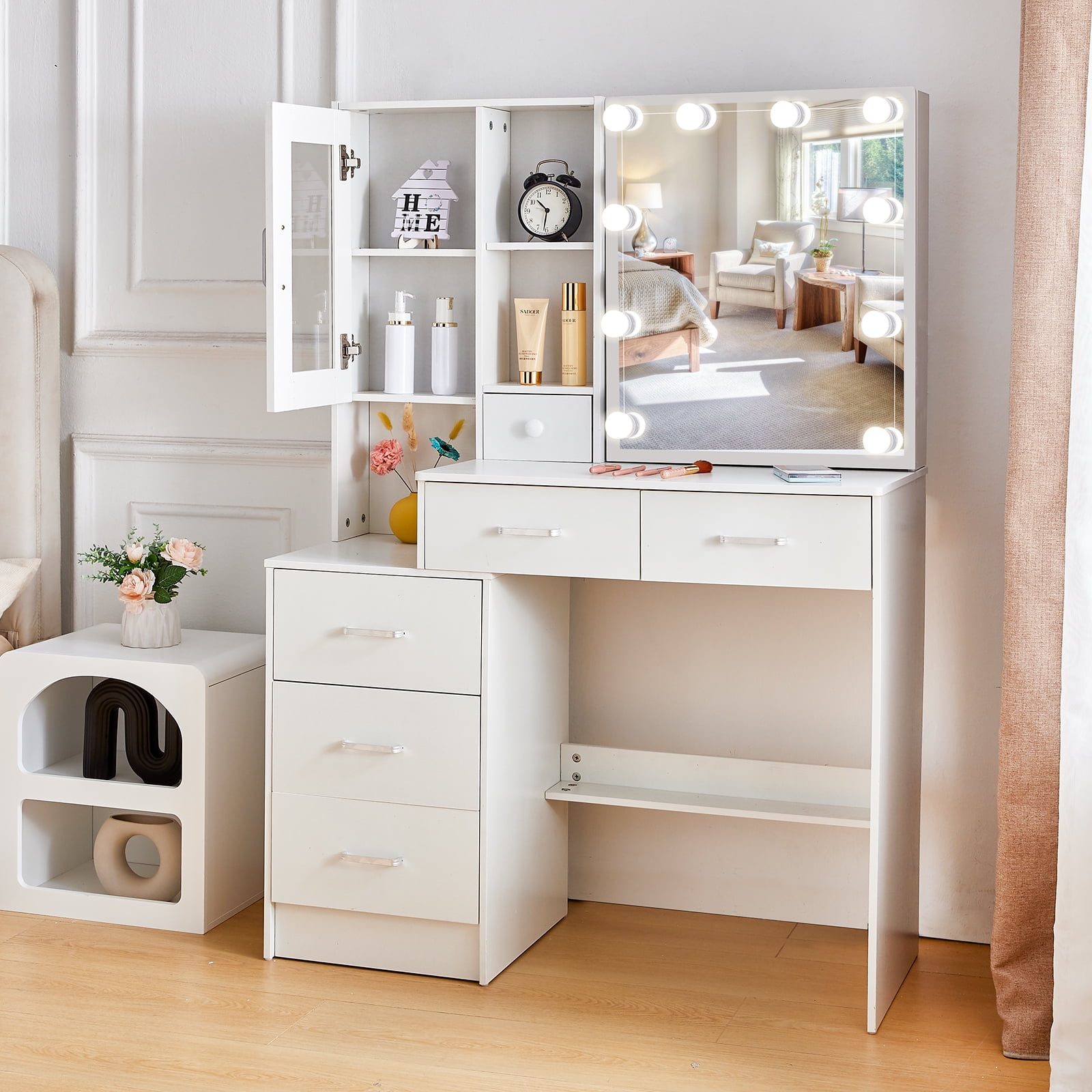 Yamissi Modern Vanity Desk with LED Lights and Mirror, Makeup Vanity Table with Drawers & Cabinet for Bedroom, White