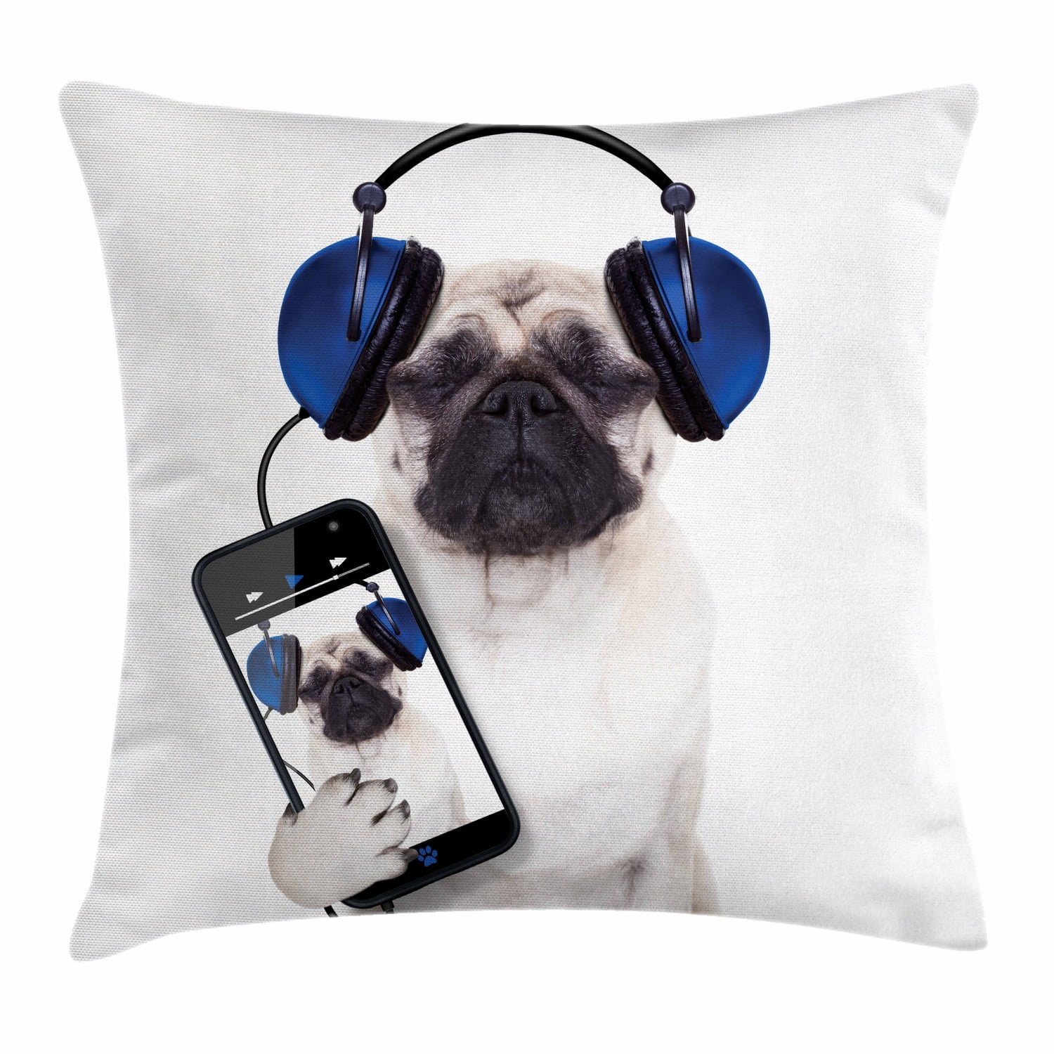 Pug Throw Pillow Cushion Cover, Dog Listening Music on the ...