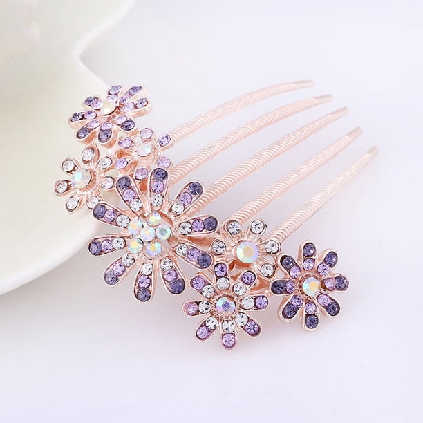 Peine vintage con cinco dientes de diamantes de imitación y flores, accesorio para el cabello, lazo, peineta de perlas, joyería, tocado de aleación, placa, horquilla