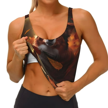 Qokaie Cute Maple Leaf Puppy Pattern Womens Scoop Neck Sports Bra Breathable Workout Vest Padded U Back Medium Impact Fitness Gym Yoga Bra Workout Crop Top