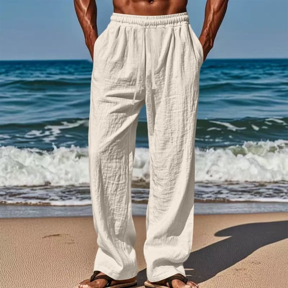 Domuza Linen Pants Men Casual 2026 Summer Beach Elastic Drawstring Waist Yoga Pants Travel Baggy Work Pant Pajama Beige 3XL