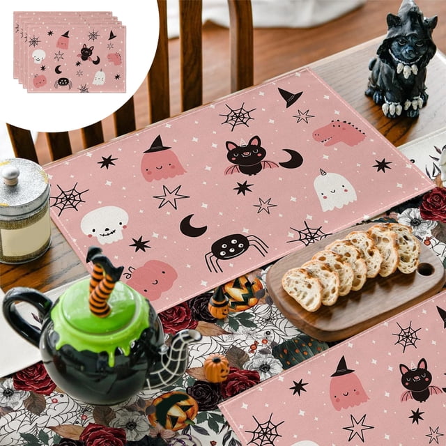 Halloween Kitchen Mat, 4 Pcs Halloween Pvc Placemats Coffee Mats Kitchen Table Mats Easy to Clean Kitchen Table Mats