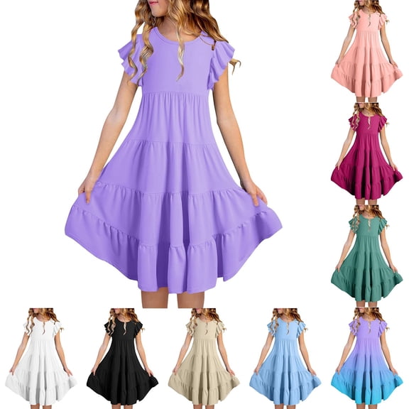 RTKFRFLM Kids Solid Round Neck Ruffle Sleeve Tiered Cake Dress Sweet Princess Party Gown for Girls Summer Birthday Wedding Guest School Formal Outfits White 12-13 Years
