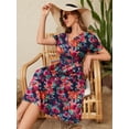 thumbnail image 3 of Chiclily Womens Summer Floral Boho Dress Casual Short Sleeve V-Neck Swing Midi Dress, Blue Colored Flower 2XL, 3 of 6