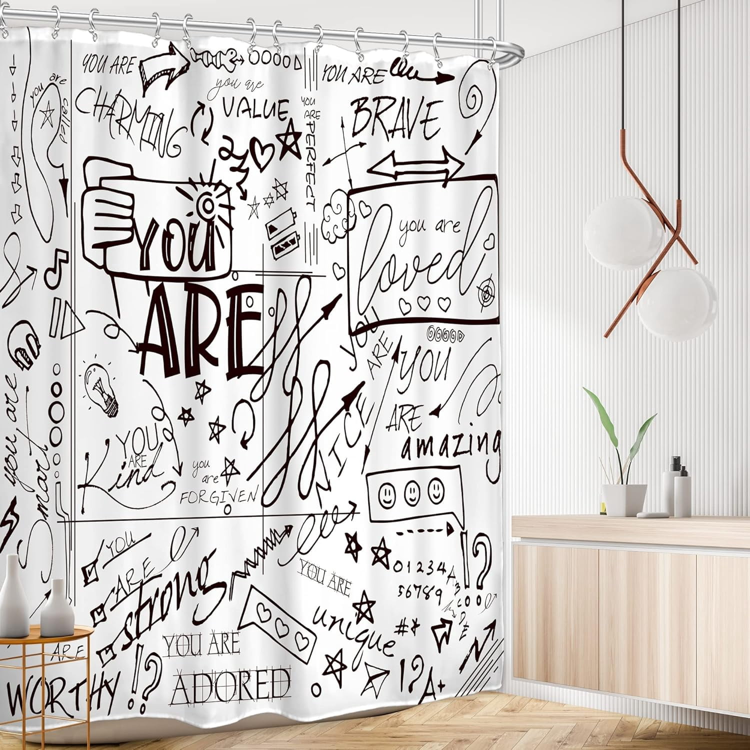 Teen Shower Curtain for Kids Funny Quotes 72Wx72L Inch Inspirational You are Graffiti Letter Positive Sayings Motivational Black White Artwork Cloth Fabric Bathroom Decor Set with 12 Pack Hooks